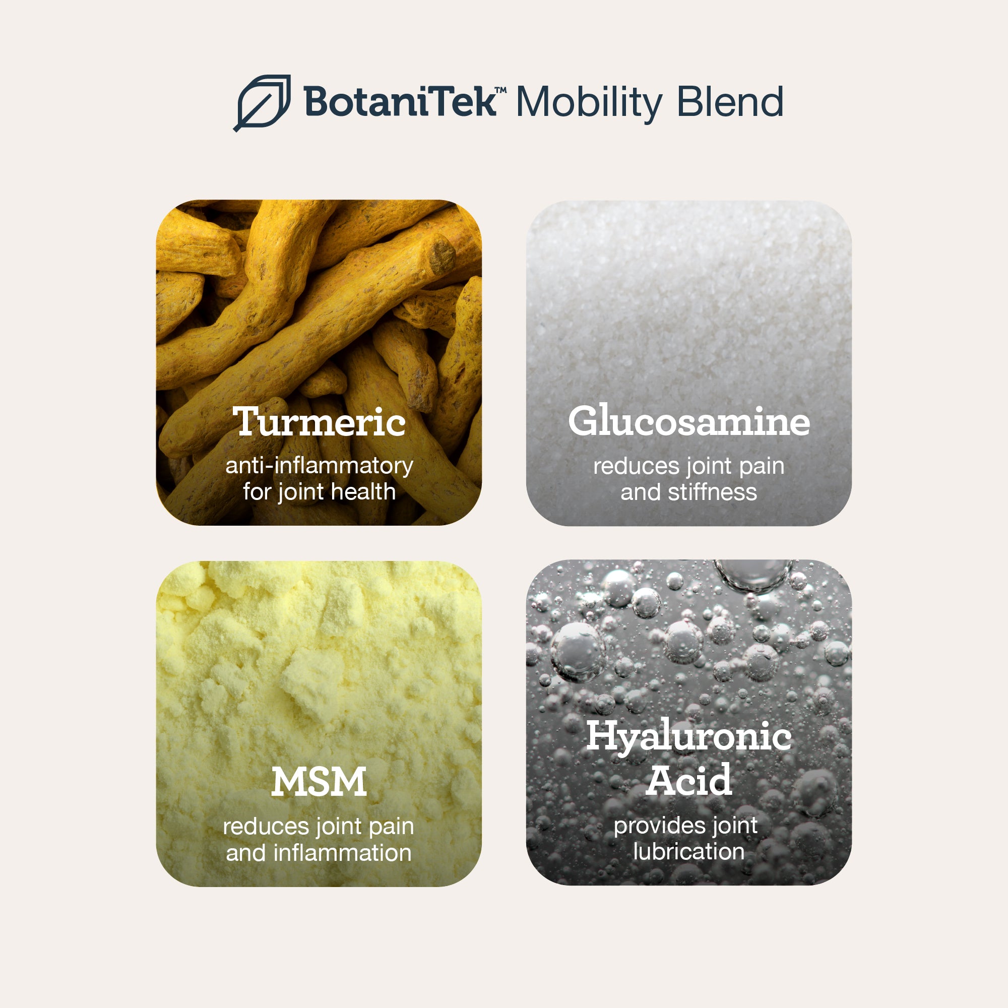 A list and images of the active ingredients in BotaniTek Mobility Blend